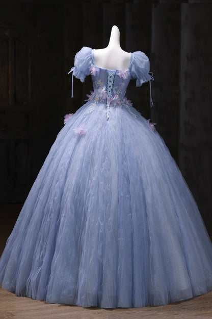 Blue Tulle Sequins Long Prom Dress, Blue A-Line Short Sleeve Party Dress