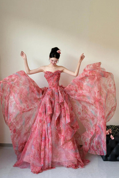 Red Floral Print Long Prom Dress, A-Line Strapless Evening Dress