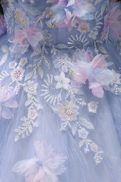 Blue Tulle Sequins Long Prom Dress, Blue A-Line Short Sleeve Party Dress