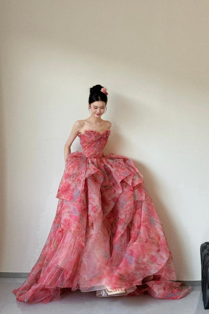 Red Floral Print Long Prom Dress, A-Line Strapless Evening Dress