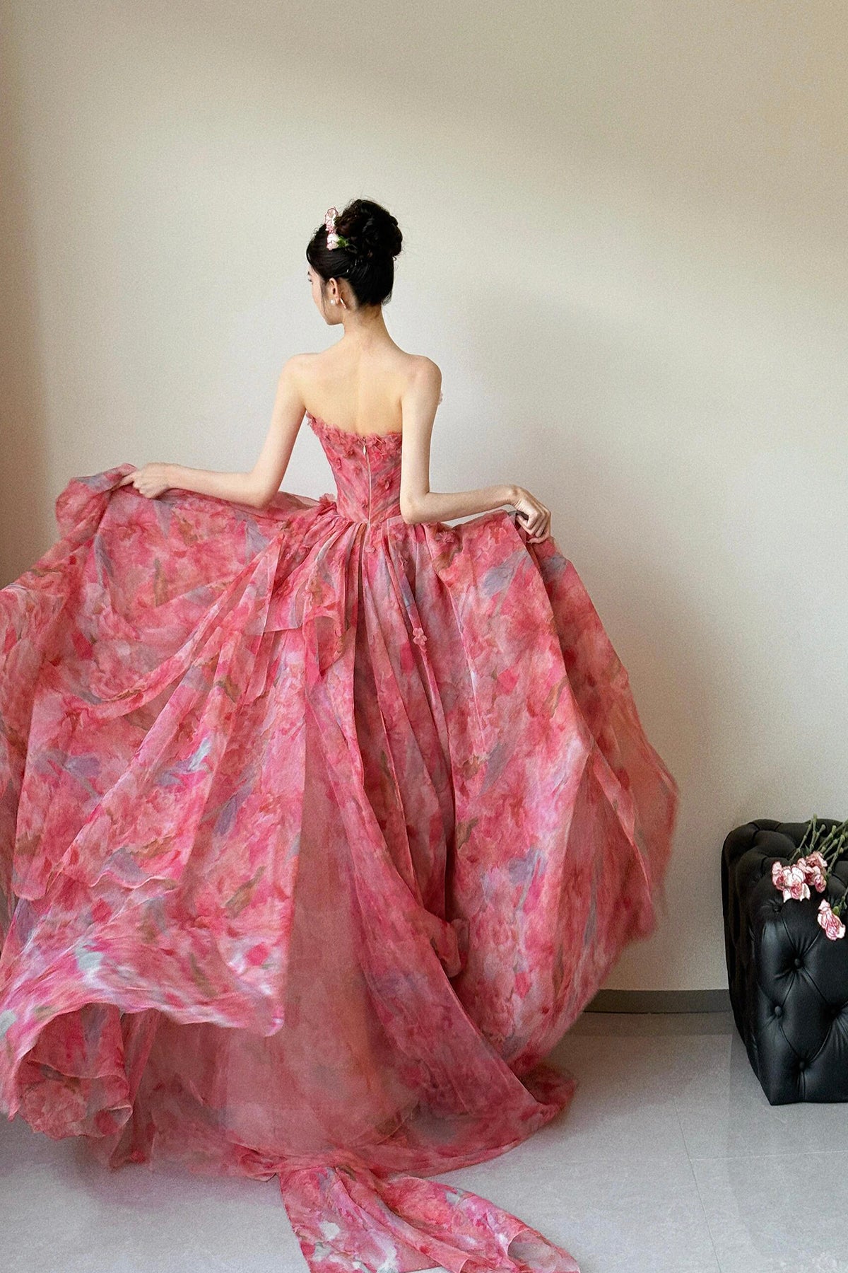 Red Floral Print Long Prom Dress, A-Line Strapless Evening Dress