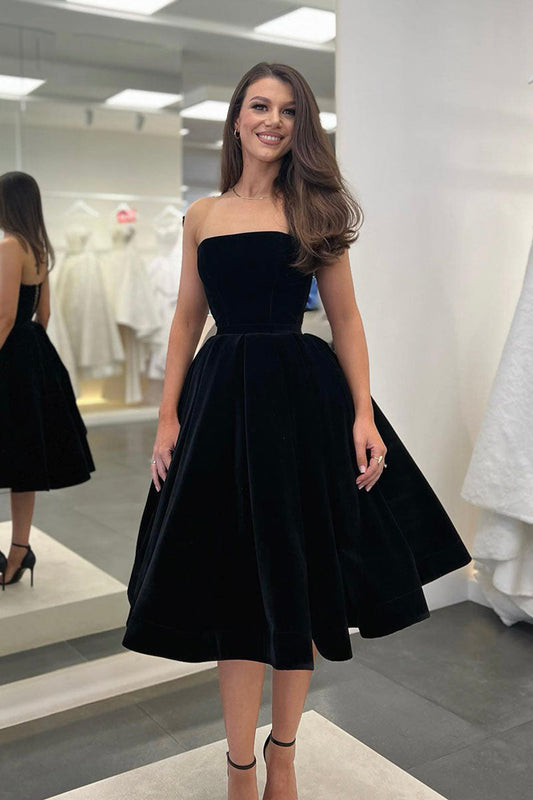 Short Black Velvet Evening Dresses, Black Strapless Velvet Party Dress