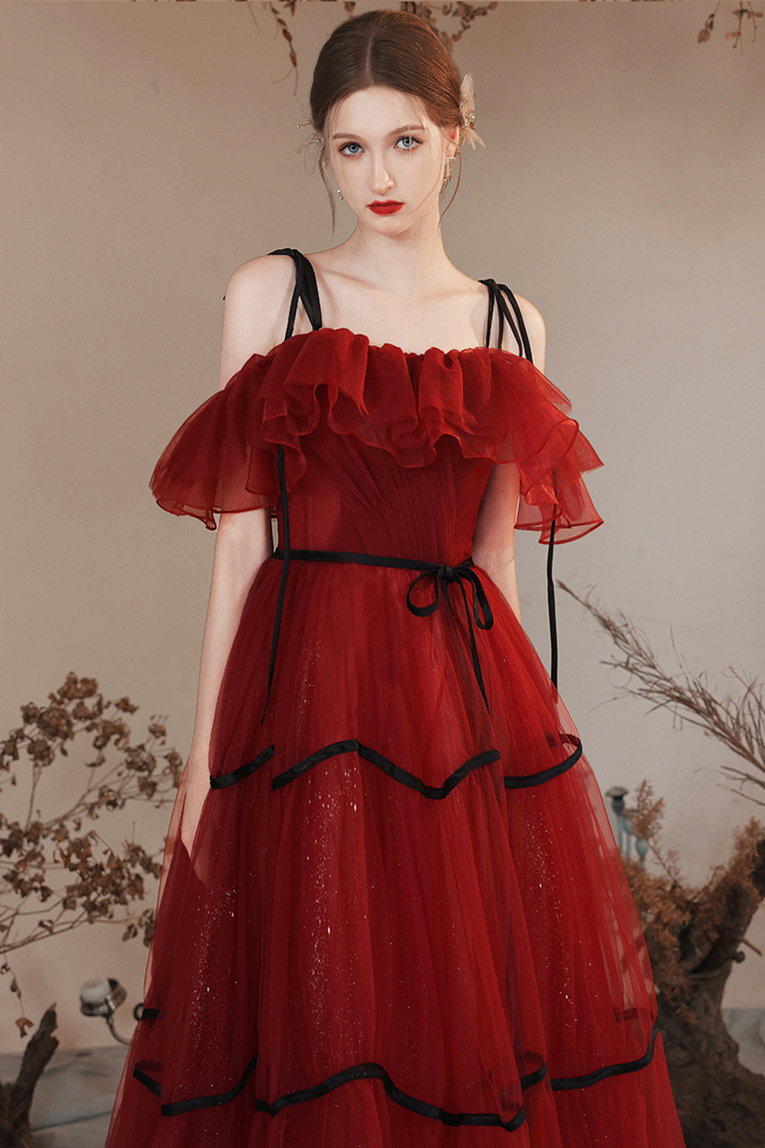 Burgundy Off Shoulder Tulle Long Prom Dresses, Burgundy Evening Party Dresses