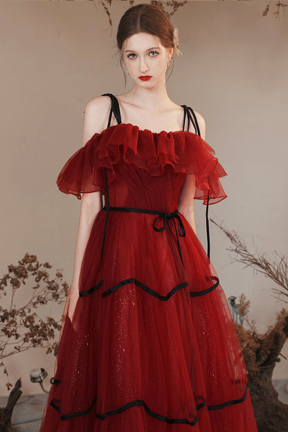 Burgundy Off Shoulder Tulle Long Prom Dresses, Burgundy Evening Party Dresses
