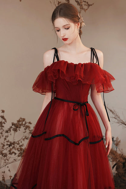 Burgundy Off Shoulder Tulle Long Prom Dresses, Burgundy Evening Party Dresses