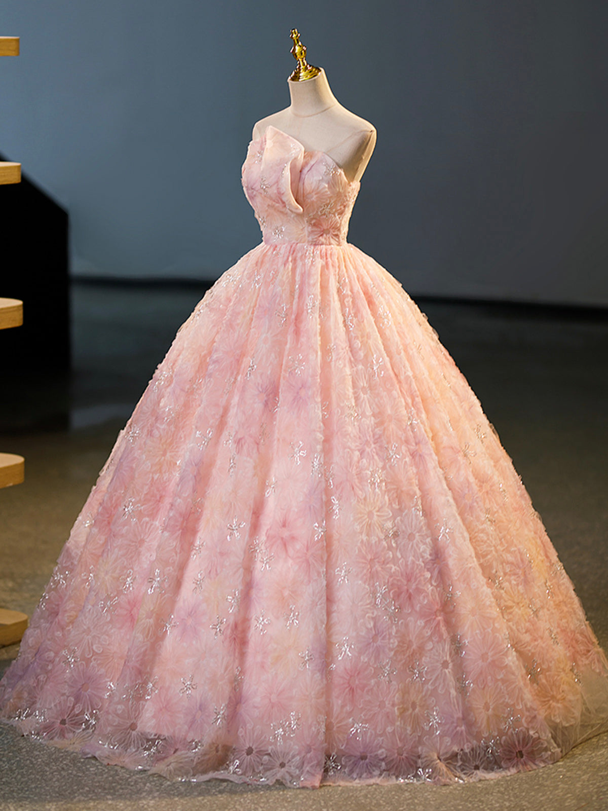 Pink Flower Long Princess Dress, Pink Strapless Formal Evening Dress
