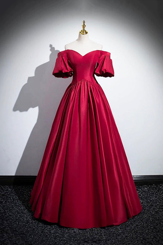 Burgundy Satin Floor Length A-Line Prom Dress, Off the Shoulder Evening Party Dress