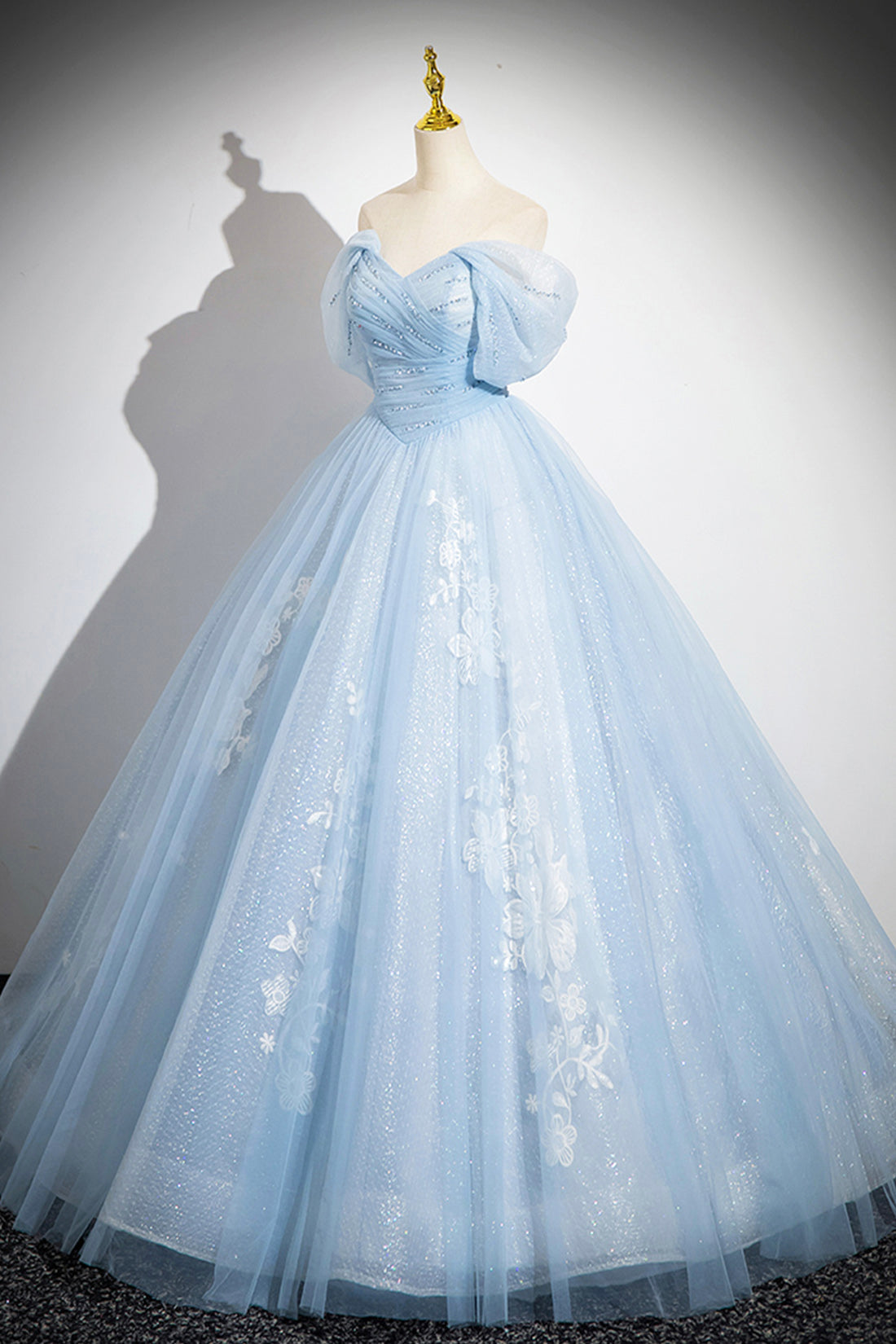 Blue Tulle Lace Long Prom Dress, Off the Shoulder Evening Party Dress