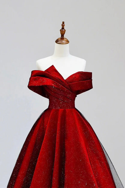 Burgundy Satin and Black Tulle Long Prom Dress, Beautiful A-Line Party Dress