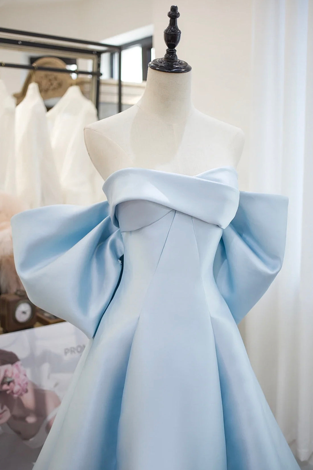 Blue Satin Spaghetti Strap Long Prom Dress with Big Bow, Blue A-Line Evening Party Dress