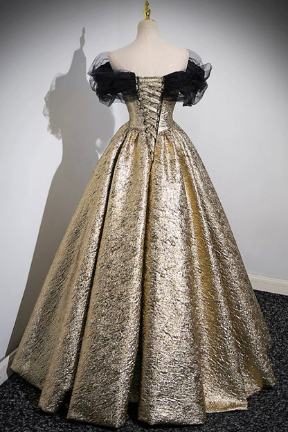 Sparkly Black and Gold Glitter Prom Dresses Ball Gown, Off the Shoulder Evening Party Dress