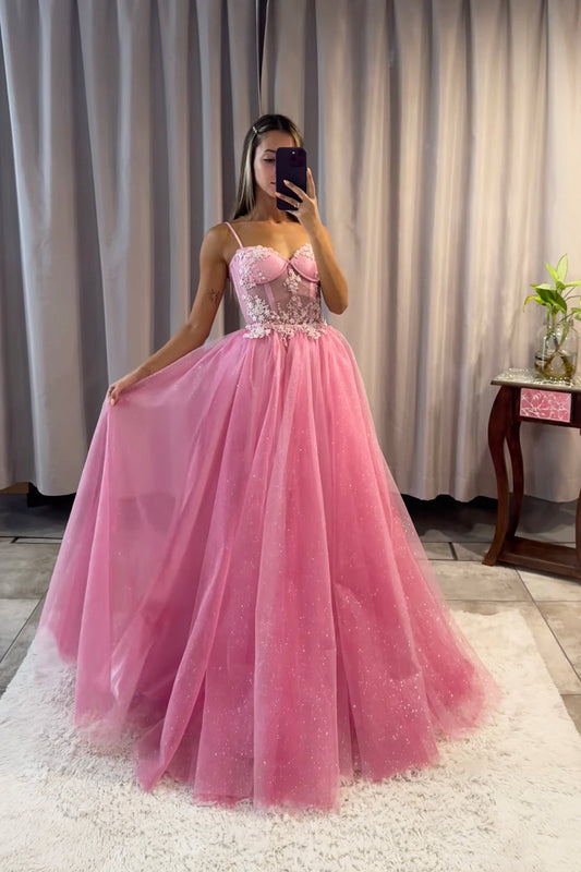 Pink Spaghetti Strap Tulle Lace Long Prom Dress, Beautiful A-Line Evening Party Dress