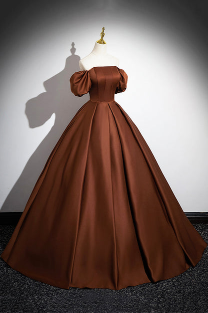 Brown Satin Long A-Line Prom Dress, Off the Shoulder Evening Party Dress