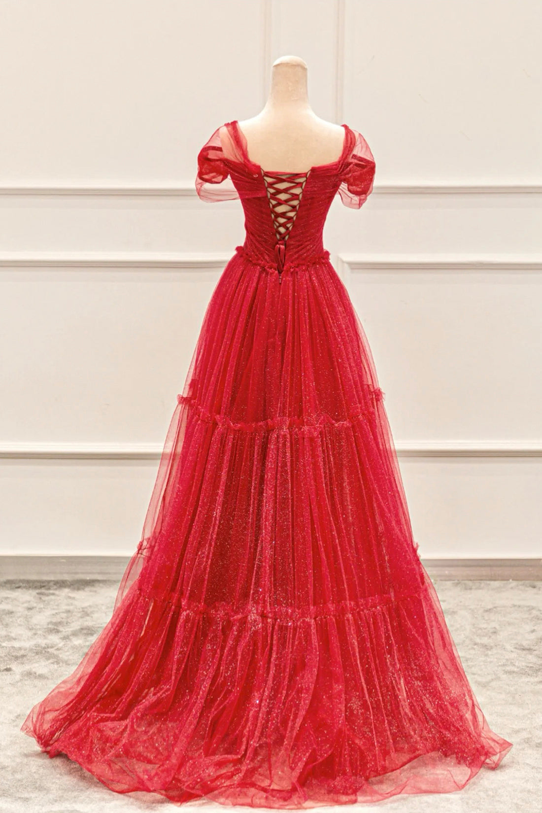 Red Tulle Long A-Line Prom Dress, Off the Shoulder Evening Party Dress with Lace Up