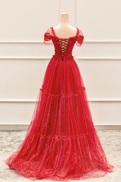 Red Tulle Long A-Line Prom Dress, Off the Shoulder Evening Party Dress with Lace Up