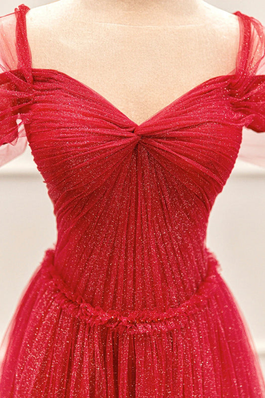 Red Tulle Long A-Line Prom Dress, Off the Shoulder Evening Party Dress with Lace Up