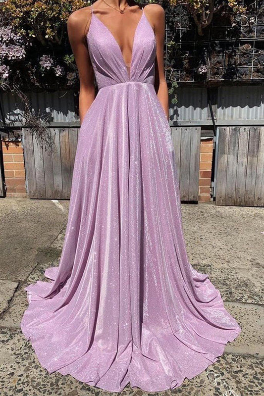 Shiny A-line Deep V Neck Lace Up Prom Dresses,WP378