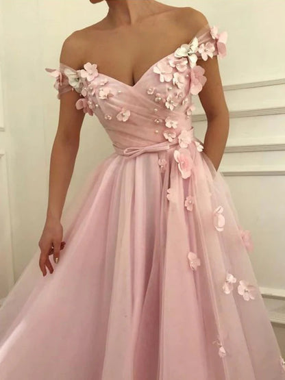 Off The Shoulder 3D Floral Long Prom Dress,WP047