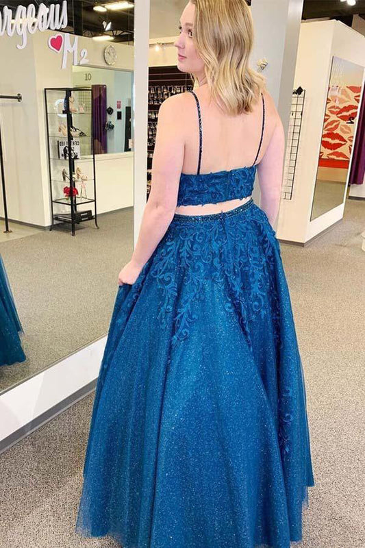 Sparkly Two Piece Tulle Prom Dress Appliques Formal Dress,WP169