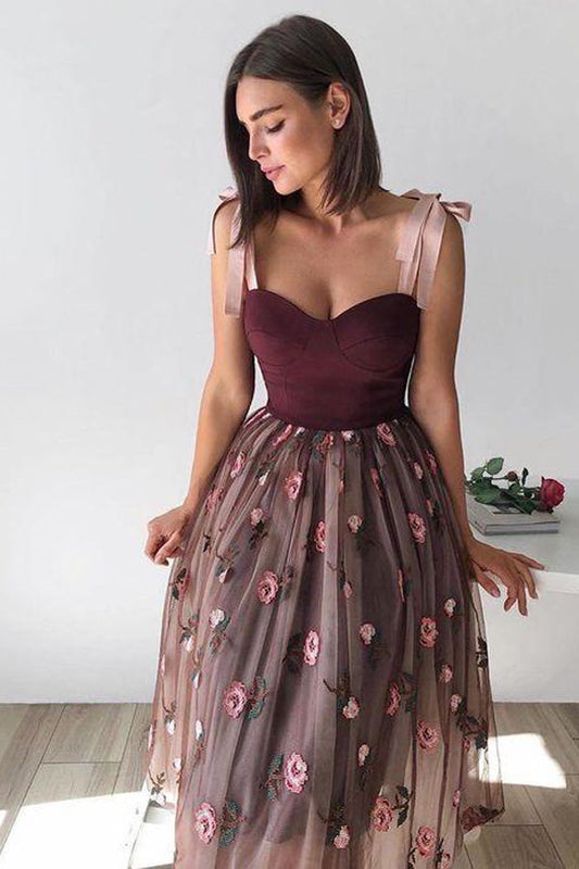 Sweetheart Tea Length Tulle Prom Dresses Floral Skirt Party Dresses,WP360
