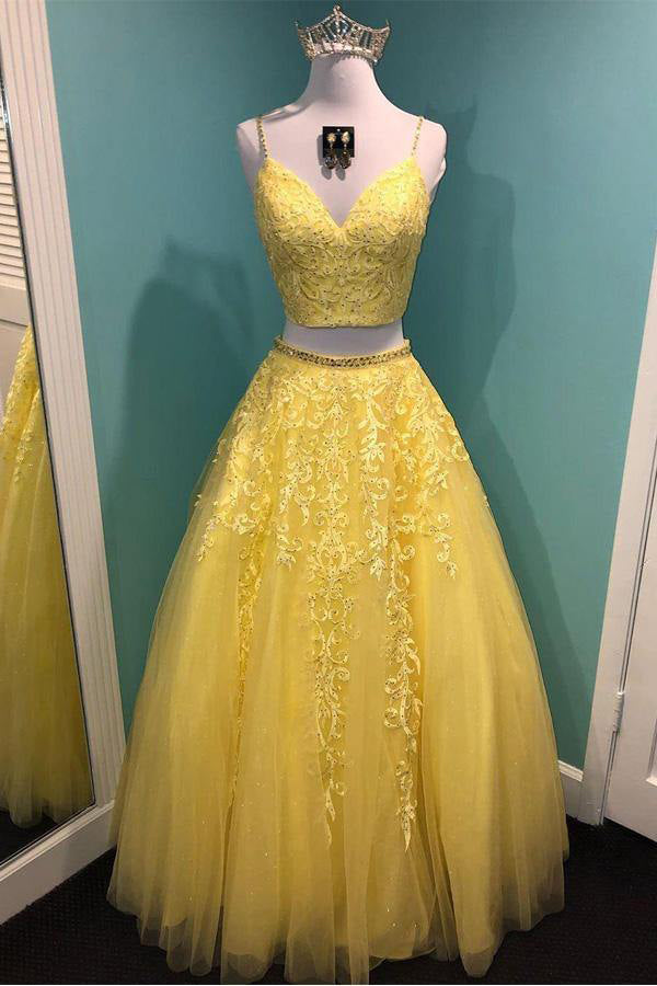 Sparkly Two Piece Tulle Prom Dress Appliques Formal Dress,WP169