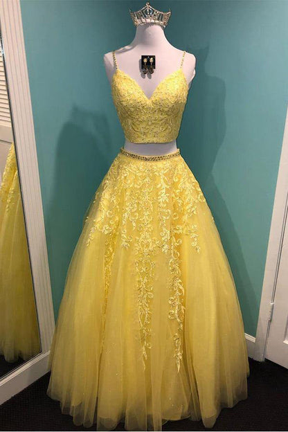Sparkly Two Piece Tulle Prom Dress Appliques Formal Dress,WP169