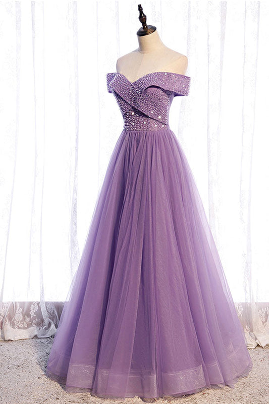 Off The Shoulder Organza Long Prom Dress Beaded Evening Dress,WP208