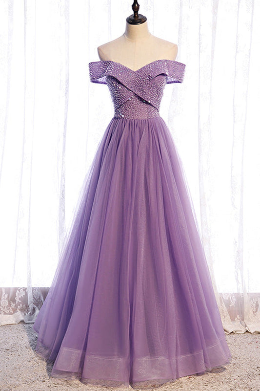 Off The Shoulder Organza Long Prom Dress Beaded Evening Dress,WP208