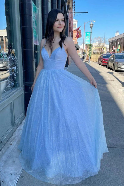 Shiny A-line Spaghetti Straps Lace Up Tulle Prom Dress,WP218