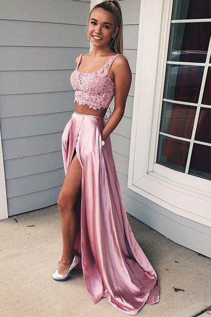 Two Piece Pink Satin Prom Dress With Lace Top,WP220