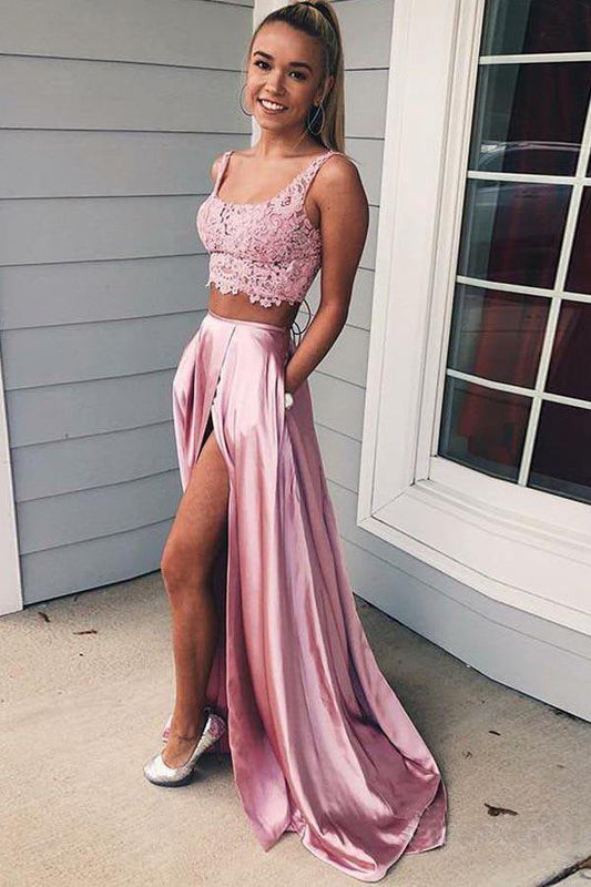 Two Piece Pink Satin Prom Dress With Lace Top,WP220