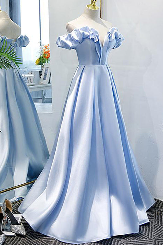 Off The Shoulder Blue Satin Long Prom Dress Long Evening Dress,WP226