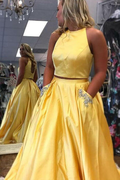 Two Piece Halter Satin Long Prom Dress With Beading Pocket,WP258