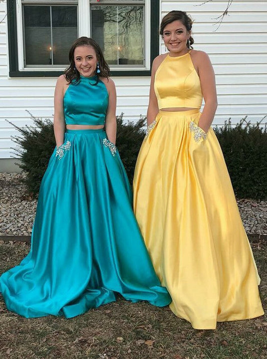 Two Piece Halter Satin Long Prom Dress With Beading Pocket,WP258