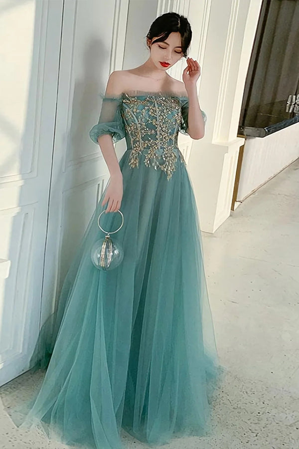 Off The Shoulder Green Tulle With Gold Lace Appliqued Prom Dresses,WP370
