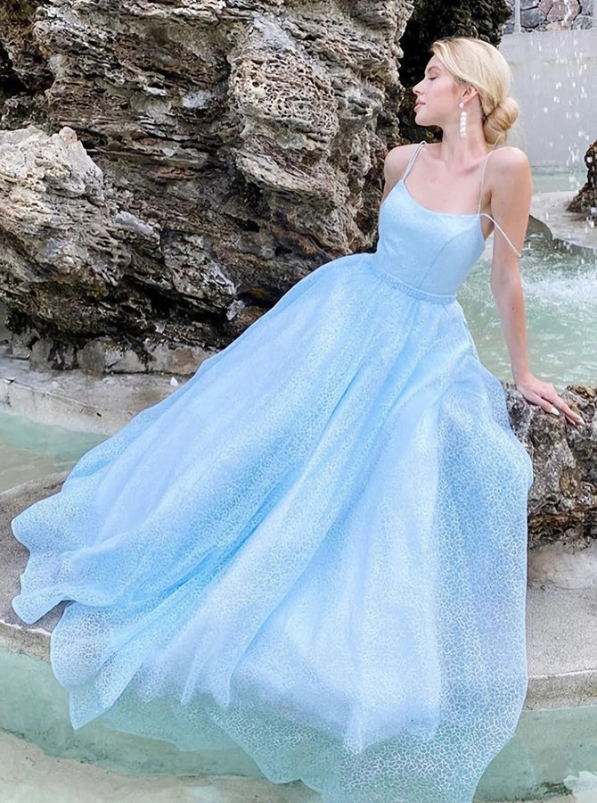 Sparkly Sky Blue Tulle Sequins Long Prom Dresses Straps Evening Dresses,WP377
