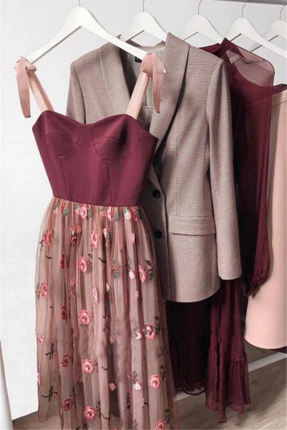 Sweetheart Tea Length Tulle Prom Dresses Floral Skirt Party Dresses,WP360