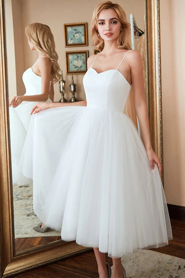 Sweetheart Ivory Tulle Prom Dress Tea Length Graduation Dress,WP385