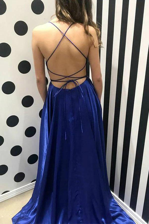 A Line Spaghetti Straps Long Satin Prom Dress With Slit,WP001