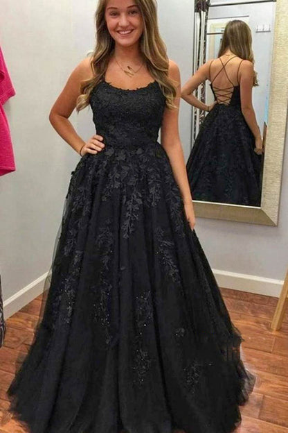 A-line Spaghetti Straps Tulle Long Prom Dress With Appliques,WP002