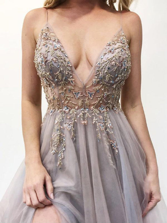 A-line Spaghetti Straps Beaded Prom Dresses With Slit,WP054