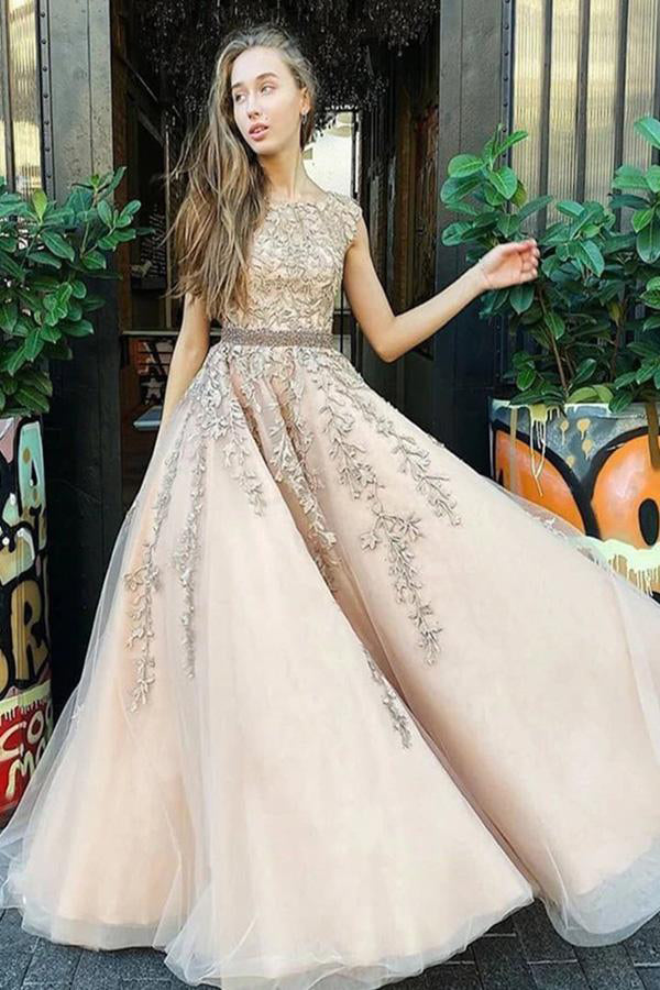 A Line Lace Appliqued Tulle Prom Dress With Beading Belt,WP068