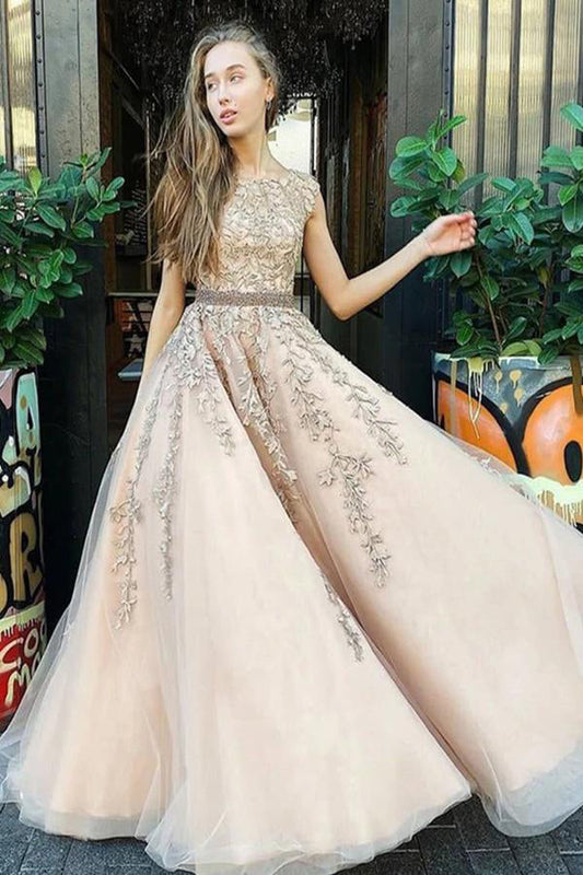 A Line Lace Appliqued Tulle Prom Dress With Beading Belt,WP068