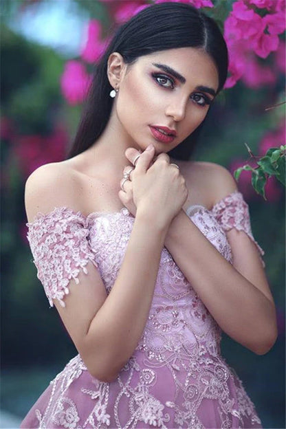 Off The Shoulder Tulle Prom Ball Gown With Lace Appliques,WP131