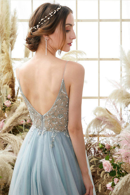 A-line Spaghetti Straps Split Prom Dress With Beading,WP132