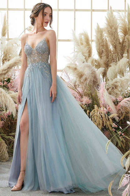 A-line Spaghetti Straps Split Prom Dress With Beading,WP132