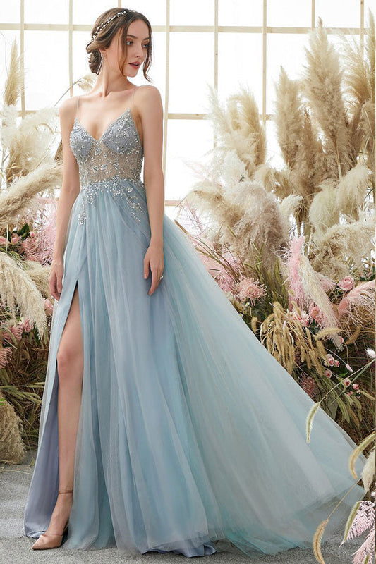 A-line Spaghetti Straps Split Prom Dress With Beading,WP132