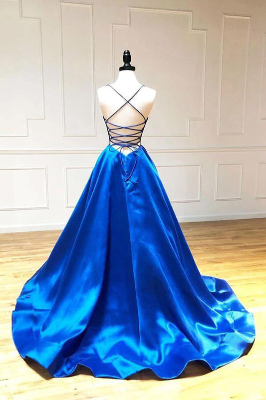 A Line Spaghetti Straps Prom Dress Royal Blue Satin Evening Dress,WP151