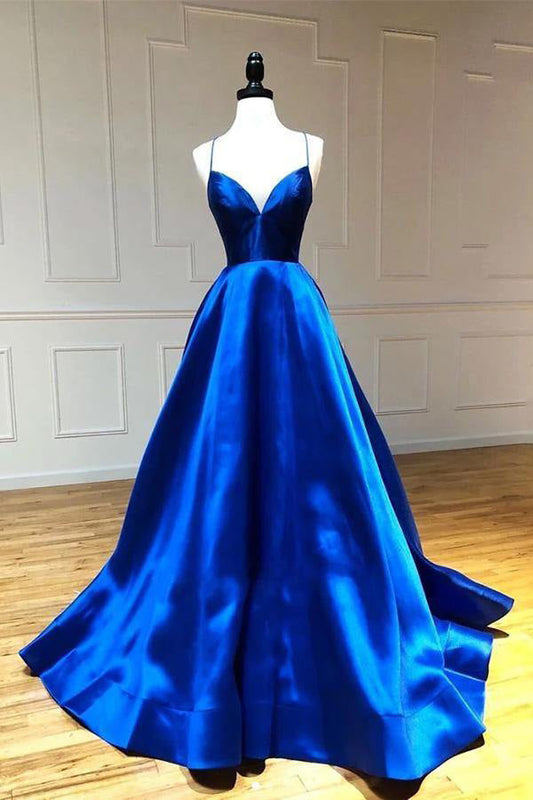 A Line Spaghetti Straps Prom Dress Royal Blue Satin Evening Dress,WP151