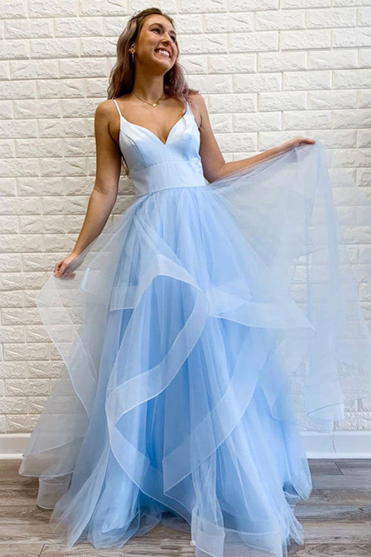 A-line Light Blue Tulle Long Prom Dress With Ruffles,WP193